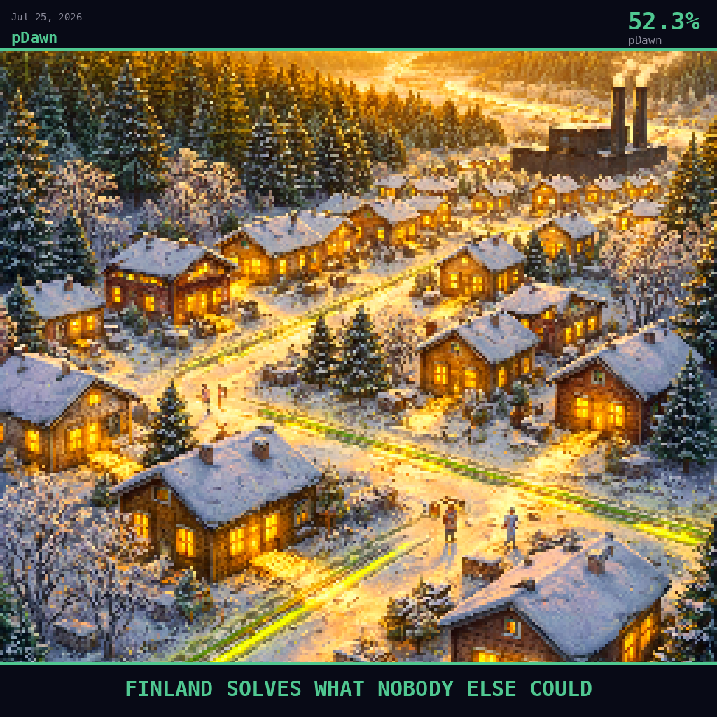 pDawn card for July 25, 2026: 52.3%, FINLAND SOLVES WHAT NOBODY ELSE COULD. Pixel art: Wide aerial view looking down at a 45-degree angle, vast Nordic landscape dominates, tiny figures below.
