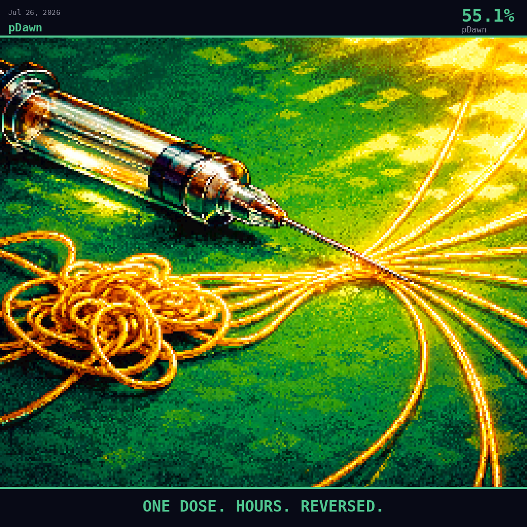 pDawn card for July 26, 2026: 55.1%, ONE DOSE. HOURS. REVERSED.. Pixel art: Extreme close-up filling the entire frame, a single slender glass syringe lying on its side, the needle tip resting against a tangle of knotted golden thread.