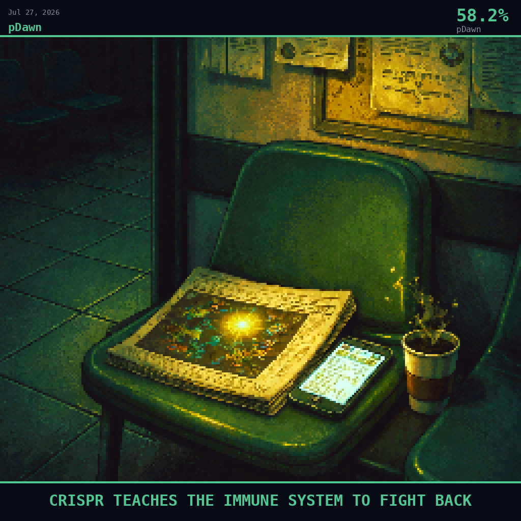 pDawn card for July 27, 2026: 58.2%, CRISPR TEACHES THE IMMUNE SYSTEM TO FIGHT BACK. Pixel art: Night scene, all light from artificial sources, deep shadows dominating.