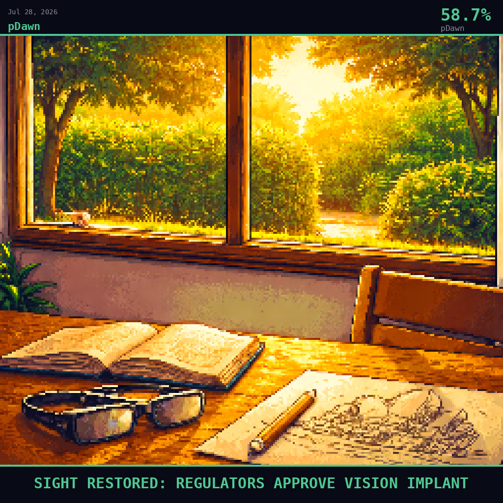 pDawn card for July 28, 2026: 58.7%, SIGHT RESTORED: REGULATORS APPROVE VISION IMPLANT. Pixel art: Interior scene, we are standing inside a warmly lit rehabilitation room the morning after the approval announcement, looking outward through a wide window toward a sun-drenched garden, rich gold after.