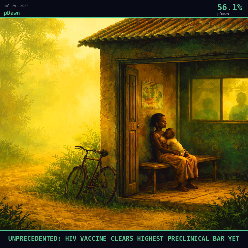pDawn card for July 29, 2026: 56.1%, UNPRECEDENTED: HIV VACCINE CLEARS HIGHEST PRECLINICAL BAR YET. Pixel art: Weather-dominated exterior scene, thick coastal fog rolling in heavy gold-green curtains through a township clinic in sub-Saharan Africa, the atmosphere itself the dominant presence, warm haze softeni.