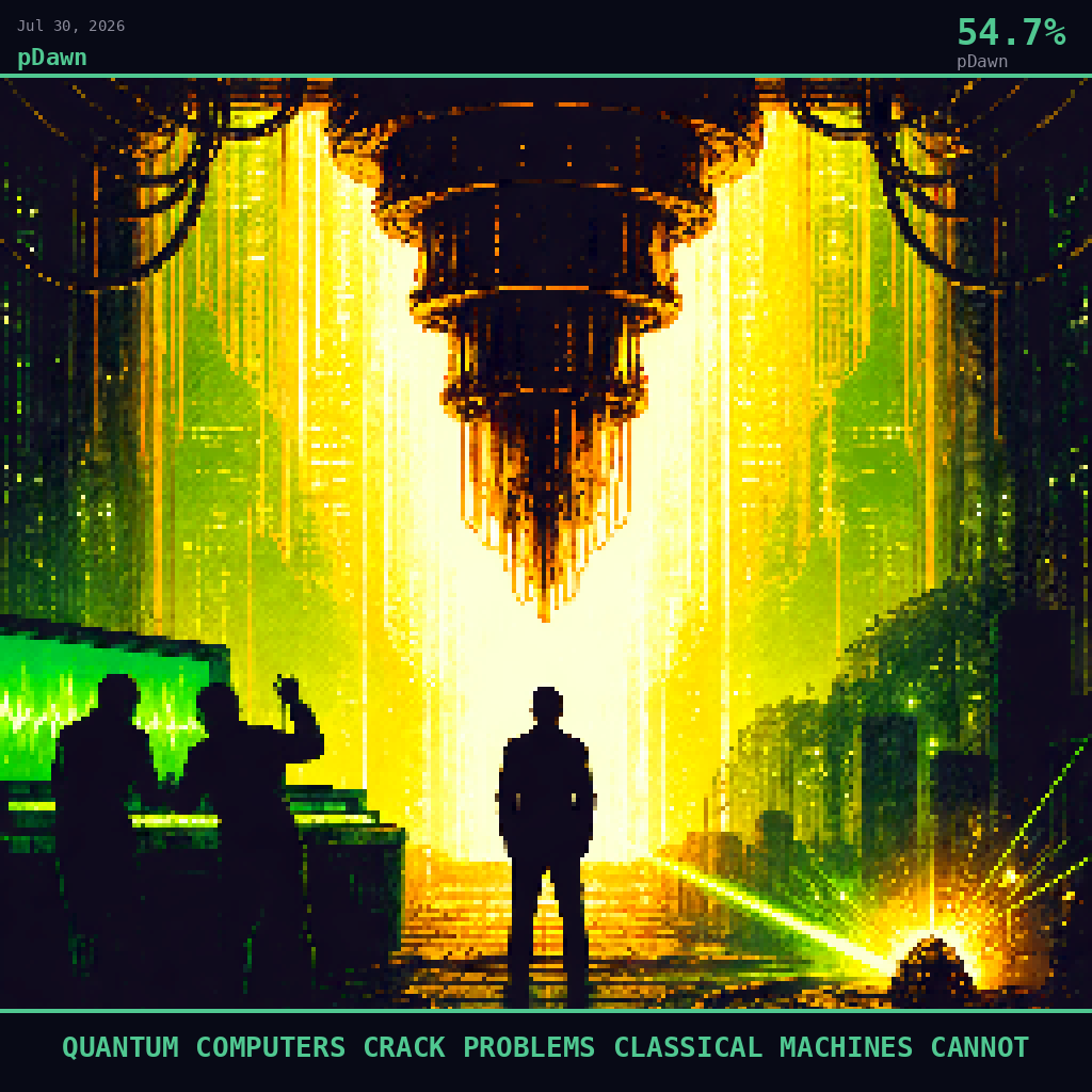 pDawn card for July 30, 2026: 54.7%, QUANTUM COMPUTERS CRACK PROBLEMS CLASSICAL MACHINES CANNOT. Pixel art: Silhouette composition, strong backlight, dramatic.