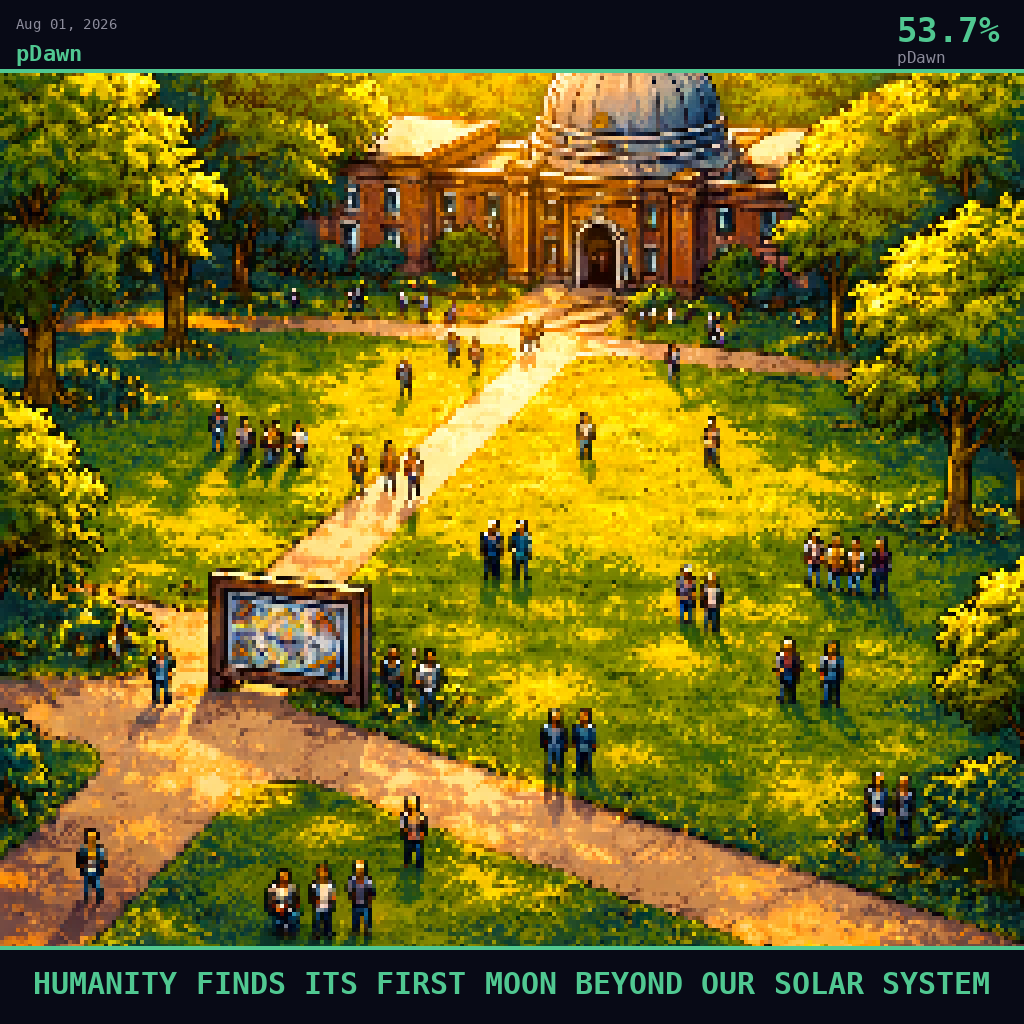 pDawn card for August 1, 2026: 53.7%, HUMANITY FINDS ITS FIRST MOON BEYOND OUR SOLAR SYSTEM. Pixel art: Wide aerial view looking down at a 45-degree angle, vast landscape dominates, tiny figures below.