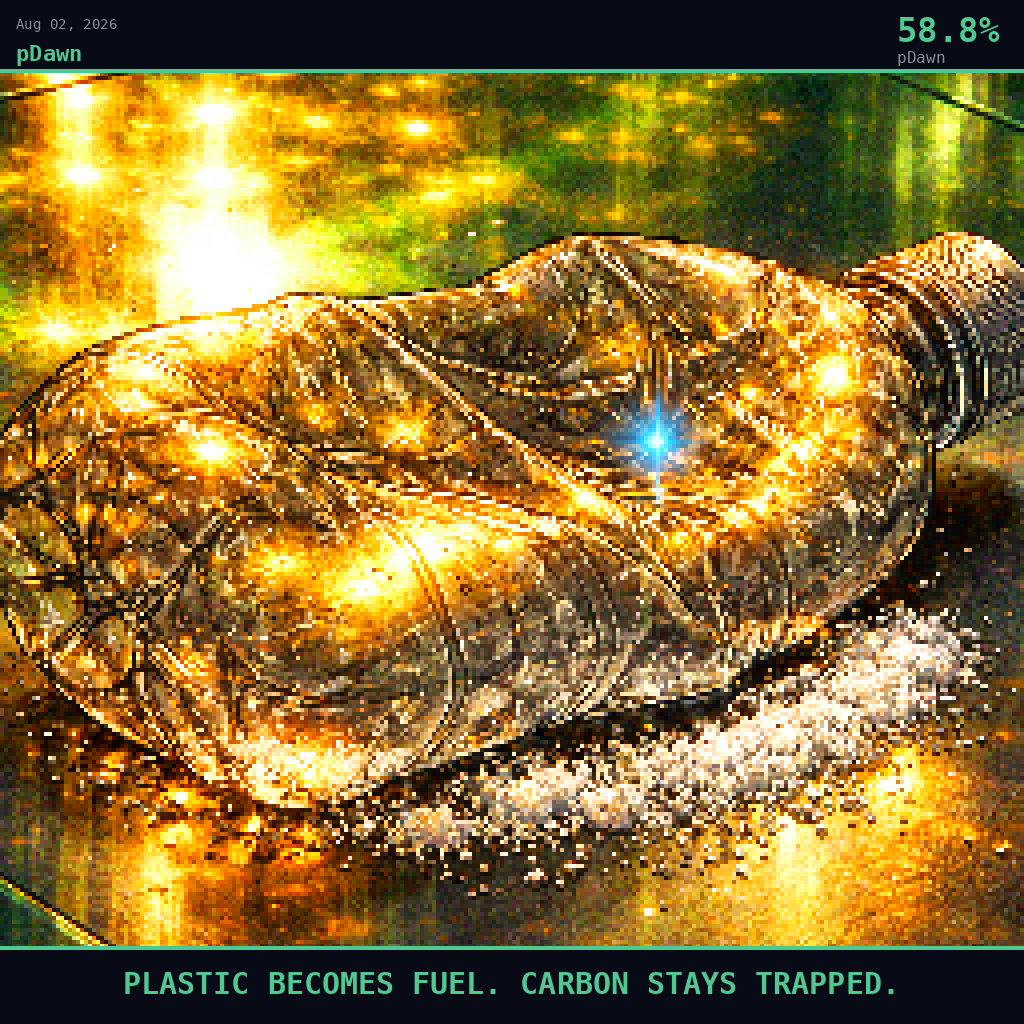 pDawn card for August 2, 2026: 58.8%, PLASTIC BECOMES FUEL. CARBON STAYS TRAPPED.. Pixel art: Extreme close-up filling the entire frame, a single crumpled clear PET water bottle crushed flat against a surface, its dented body reflecting twin pools of rich molten gold light from above, the plas.