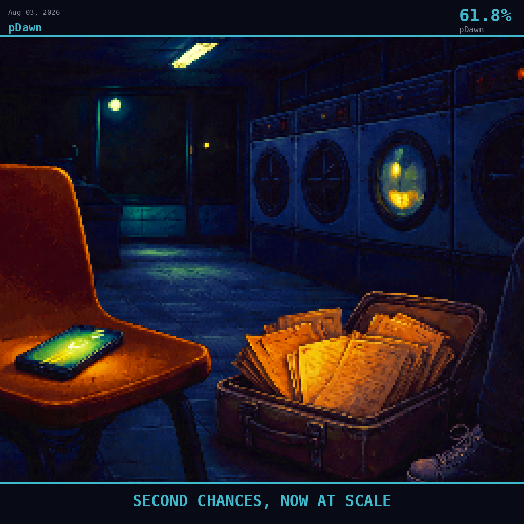 pDawn card for August 3, 2026: 61.8%, SECOND CHANCES, NOW AT SCALE. Pixel art: Night scene, all light from artificial sources, deep shadows dominating.