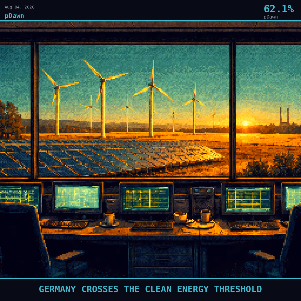 pDawn card for August 4, 2026: 62.1%, GERMANY CROSSES THE CLEAN ENERGY THRESHOLD. Pixel art: Interior scene, we are sitting inside the glass-walled control room of a German grid monitoring station the morning after the historic threshold was crossed, looking outward through a wide panoramic w.