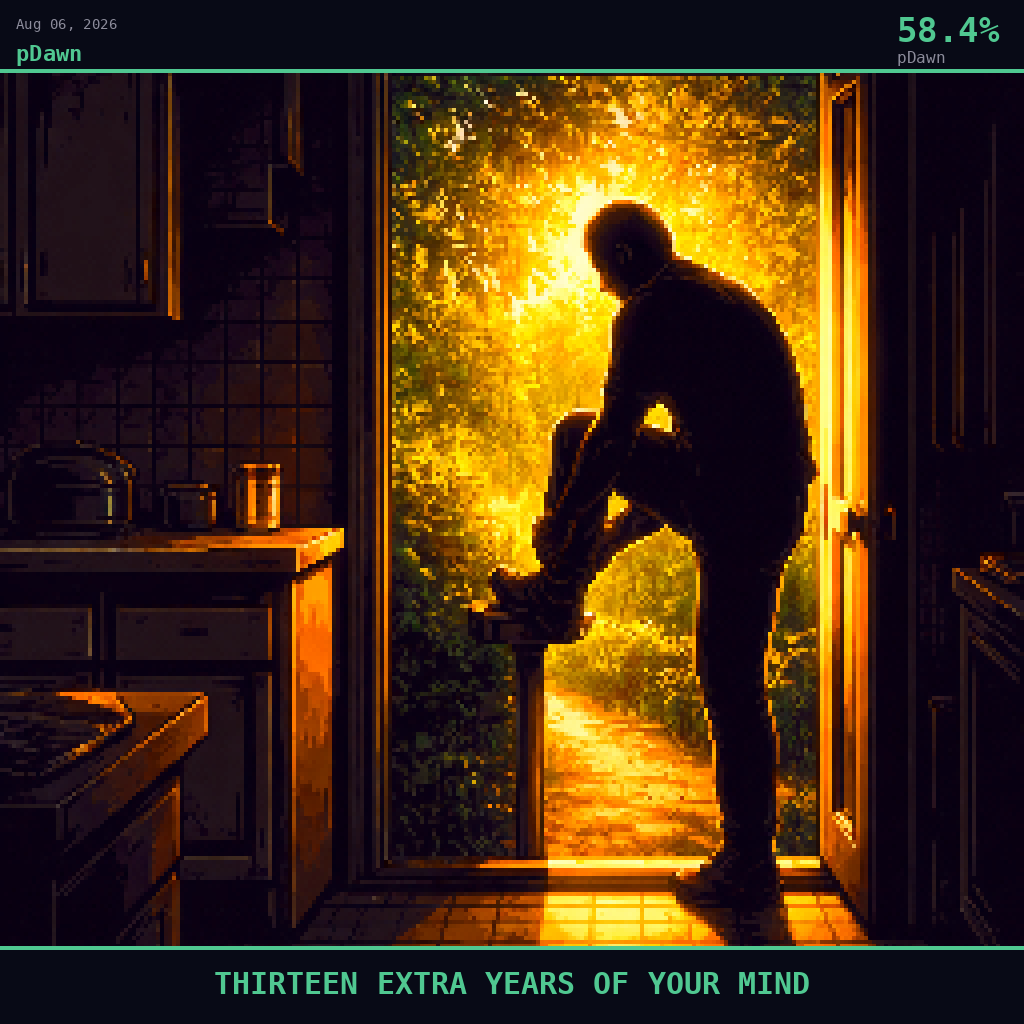 pDawn card for August 6, 2026: 58.4%, THIRTEEN EXTRA YEARS OF YOUR MIND. Pixel art: Silhouette composition, strong backlight, dramatic.