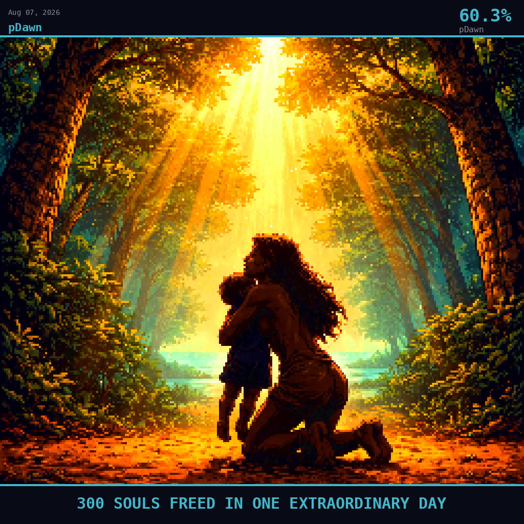 pDawn card for August 7, 2026: 60.3%, 300 SOULS FREED IN ONE EXTRAORDINARY DAY. Pixel art: Ground-level view looking straight up from below, camera pressed flat against Nigerian red-orange laterite earth, gazing up at the underside of a dense forest canopy at the treeline edge where it brea.