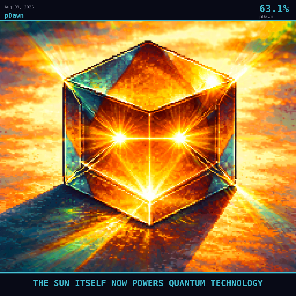 pDawn card for August 9, 2026: 63.1%, THE SUN ITSELF NOW POWERS QUANTUM TECHNOLOGY. Pixel art: Extreme close-up filling the entire frame, a single small glass prism resting on a sun-warmed surface, its interior blazing with captured golden amber light, deep warm teal shadows pooling at its base.