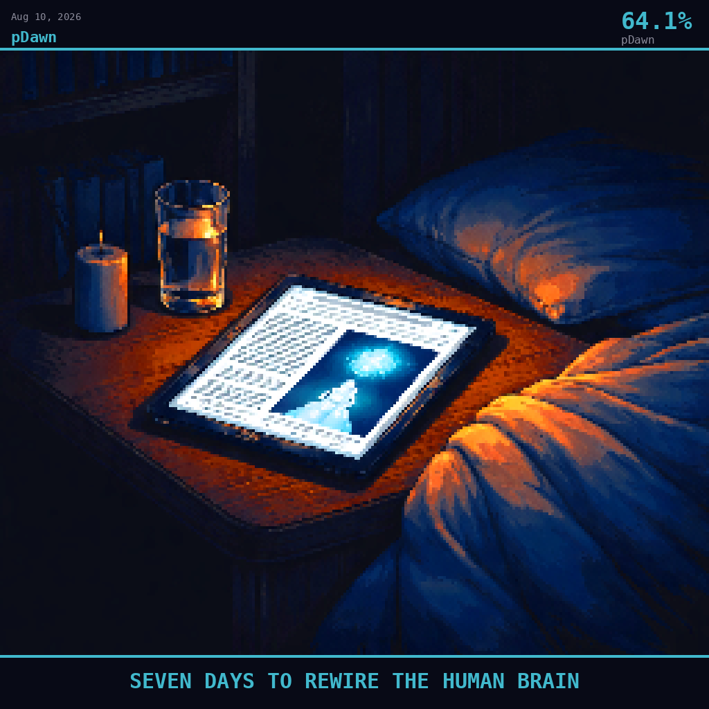 pDawn card for August 10, 2026: 64.1%, SEVEN DAYS TO REWIRE THE HUMAN BRAIN. Pixel art: Night scene, all light from artificial sources, deep shadows dominating.