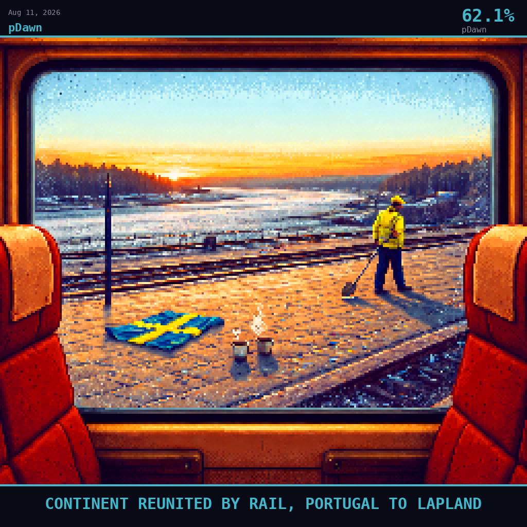 pDawn card for August 11, 2026: 62.1%, CONTINENT REUNITED BY RAIL, PORTUGAL TO LAPLAND. Pixel art: Interior scene, we are seated inside the upper deck of a red and white VR double-decker Finnish passenger train the morning after its historic first crossing, looking out through the tall rectangular .