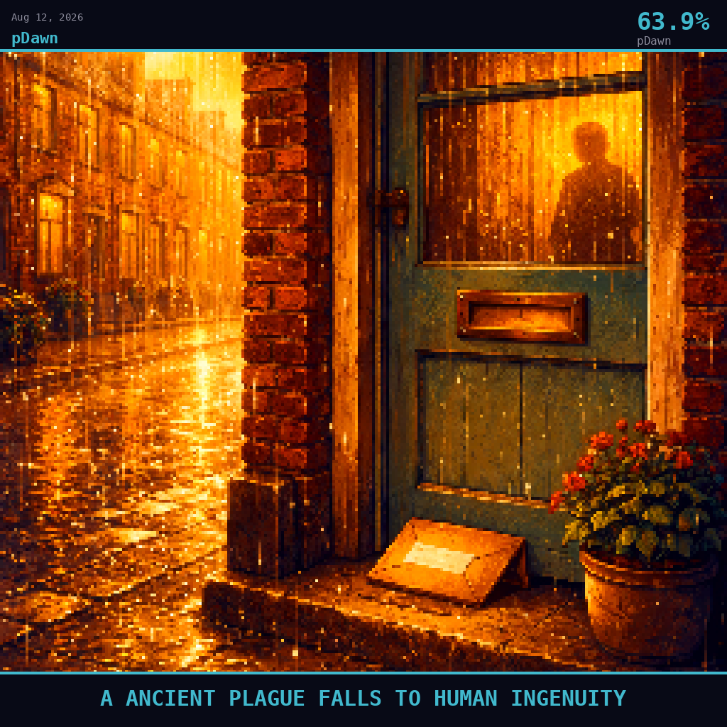 pDawn card for August 12, 2026: 63.9%, A ANCIENT PLAGUE FALLS TO HUMAN INGENUITY. Pixel art: Weather-dominated exterior scene, thick amber-tinted rain falling in diagonal curtains across a narrow Lancashire terraced street at early morning, deep golden hour light bleeding through the downpour.
