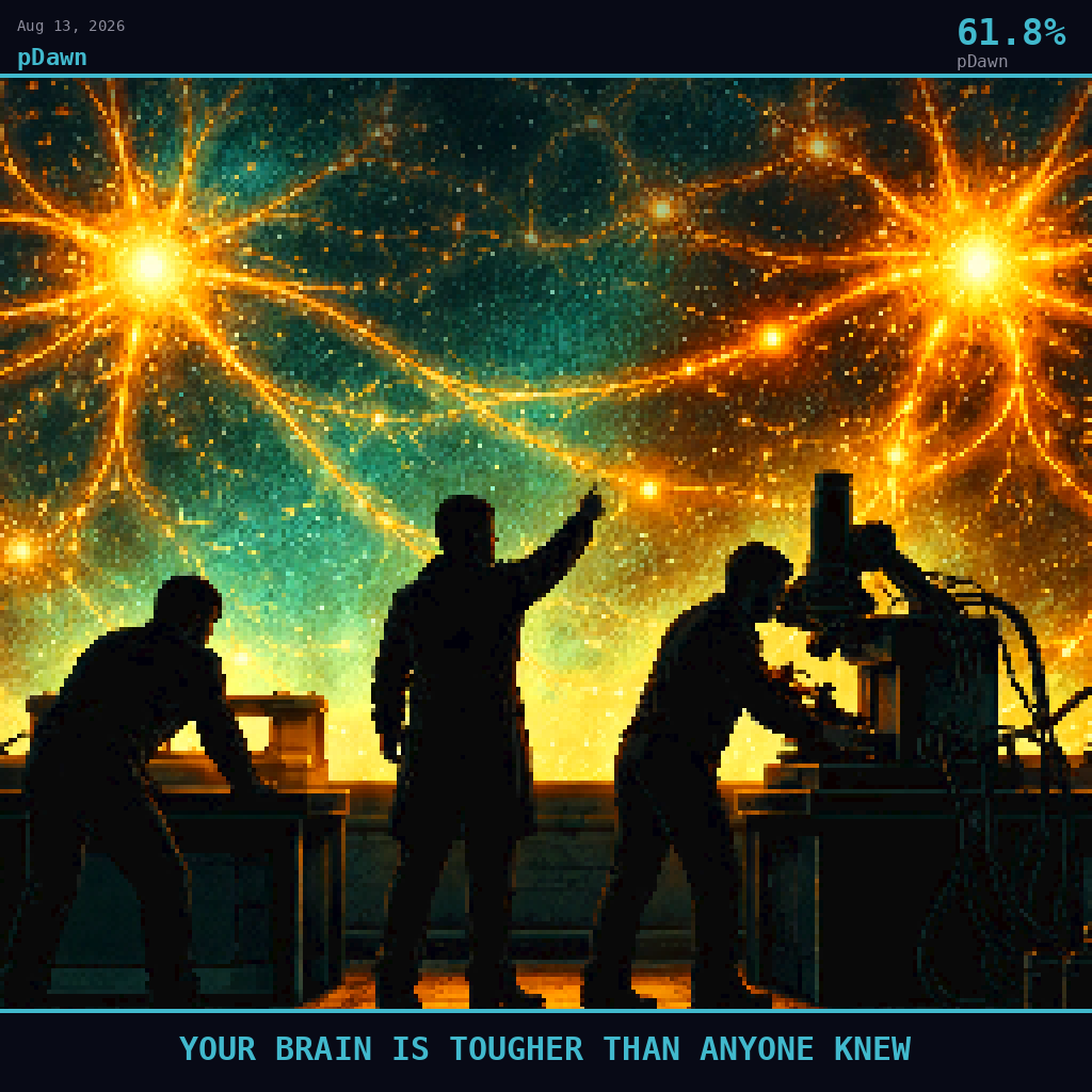 pDawn card for August 13, 2026: 61.8%, YOUR BRAIN IS TOUGHER THAN ANYONE KNEW. Pixel art: Silhouette composition, strong backlight, dramatic.