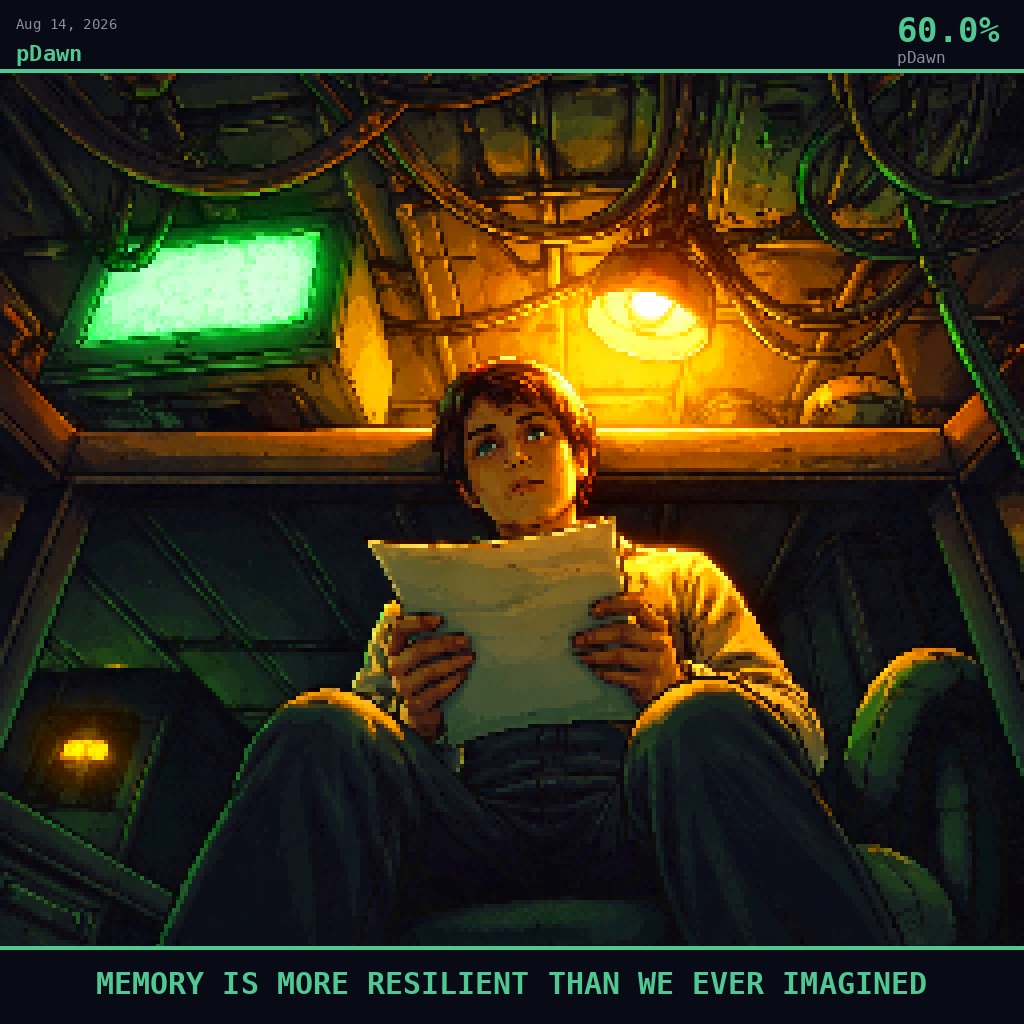 pDawn card for August 14, 2026: 60.0%, MEMORY IS MORE RESILIENT THAN WE EVER IMAGINED. Pixel art: Ground-level view looking straight up from below, camera pressed flat against a cold laboratory floor, gazing up at the underside of a cluttered research desk above.
