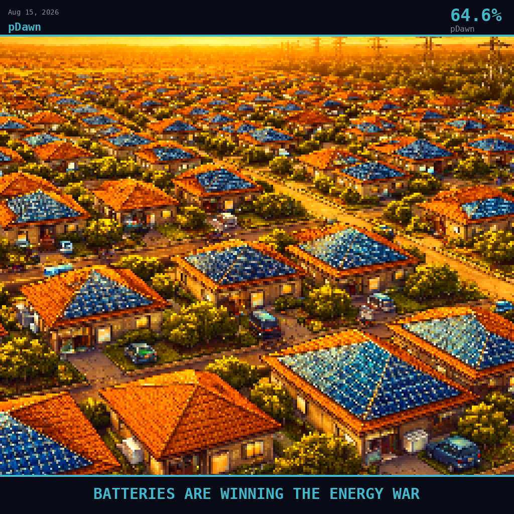 pDawn card for August 15, 2026: 64.6%, BATTERIES ARE WINNING THE ENERGY WAR. Pixel art: Wide aerial view looking down at a 45-degree angle, vast Australian suburban streetscape dominates the frame, golden-hour amber light raking long honeyed shadows across a dense grid of terracotta-roof.