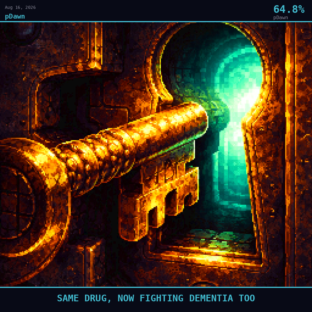 pDawn card for August 16, 2026: 64.8%, SAME DRUG, NOW FIGHTING DEMENTIA TOO. Pixel art: Extreme close-up filling the entire frame, a single weathered brass key resting inside the hollow of an old iron lock mechanism, the tumblers partially lifted and catching deep golden amber light from.