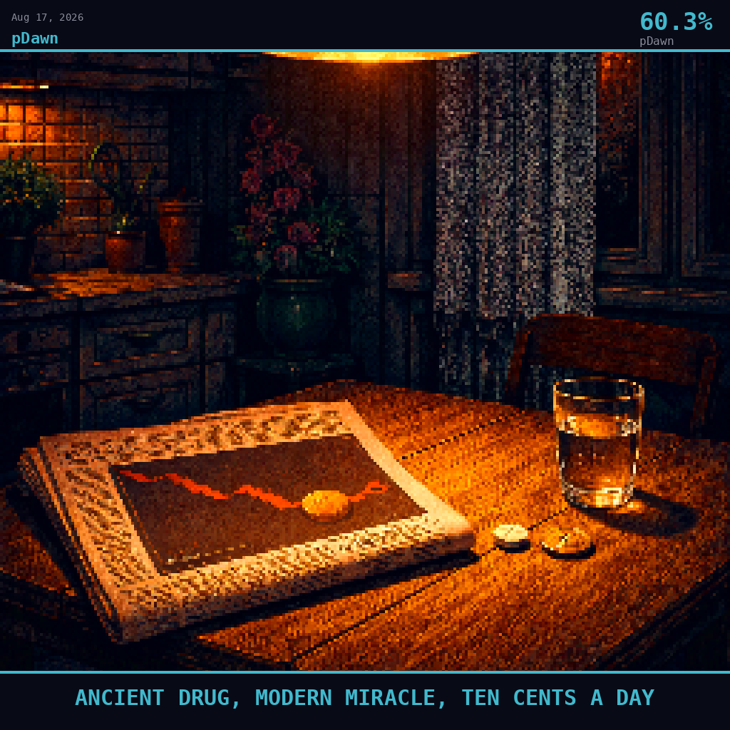 pDawn card for August 17, 2026: 60.3%, ANCIENT DRUG, MODERN MIRACLE, TEN CENTS A DAY. Pixel art: Night scene, all light from artificial sources, deep shadows dominating.