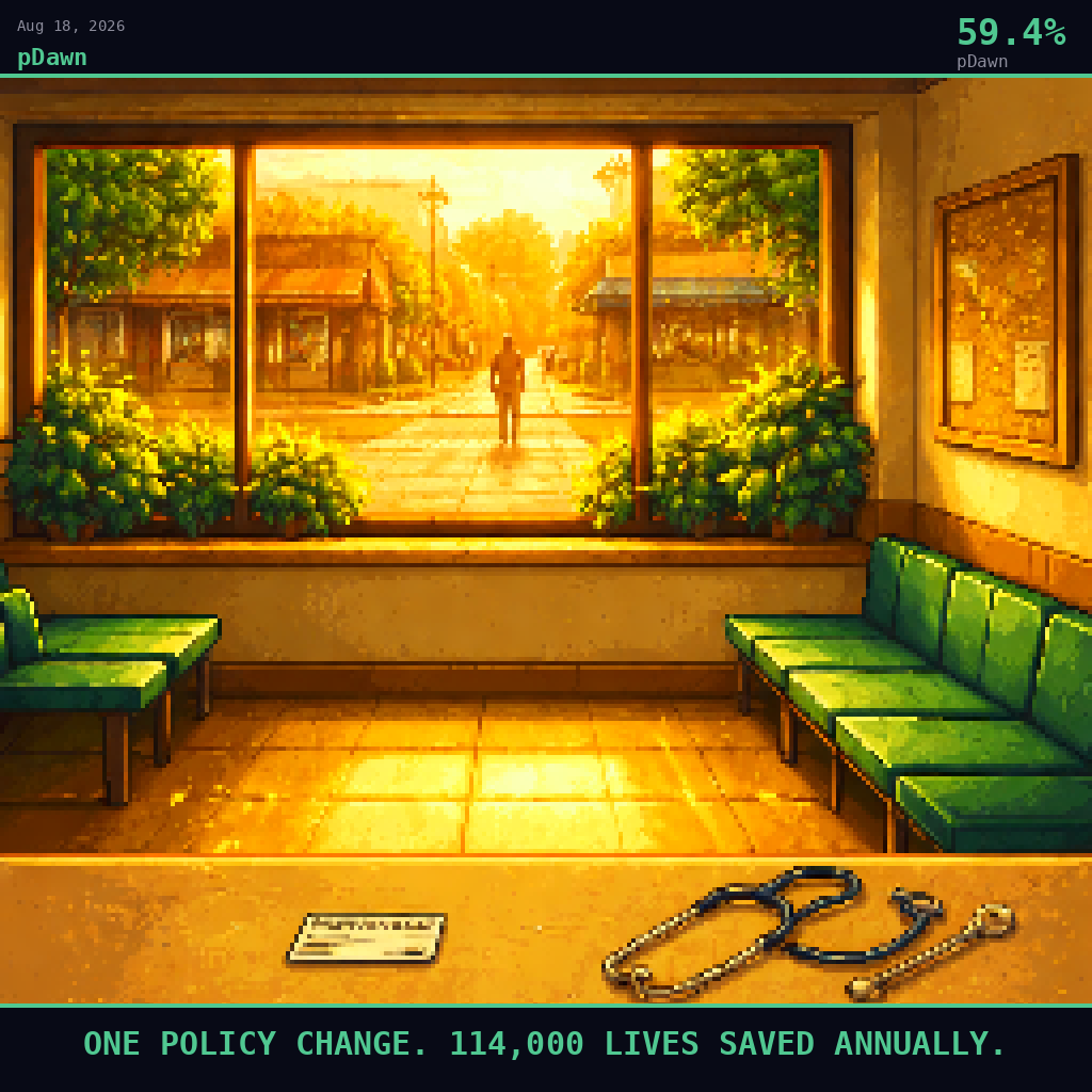 pDawn card for August 18, 2026: 59.4%, ONE POLICY CHANGE. 114,000 LIVES SAVED ANNUALLY.. Pixel art: Interior scene, we are inside a sparse but warmly lit clinic waiting room the morning after, looking outward through a wide rectangular window toward a sun-drenched street, rich gold light flooding th.