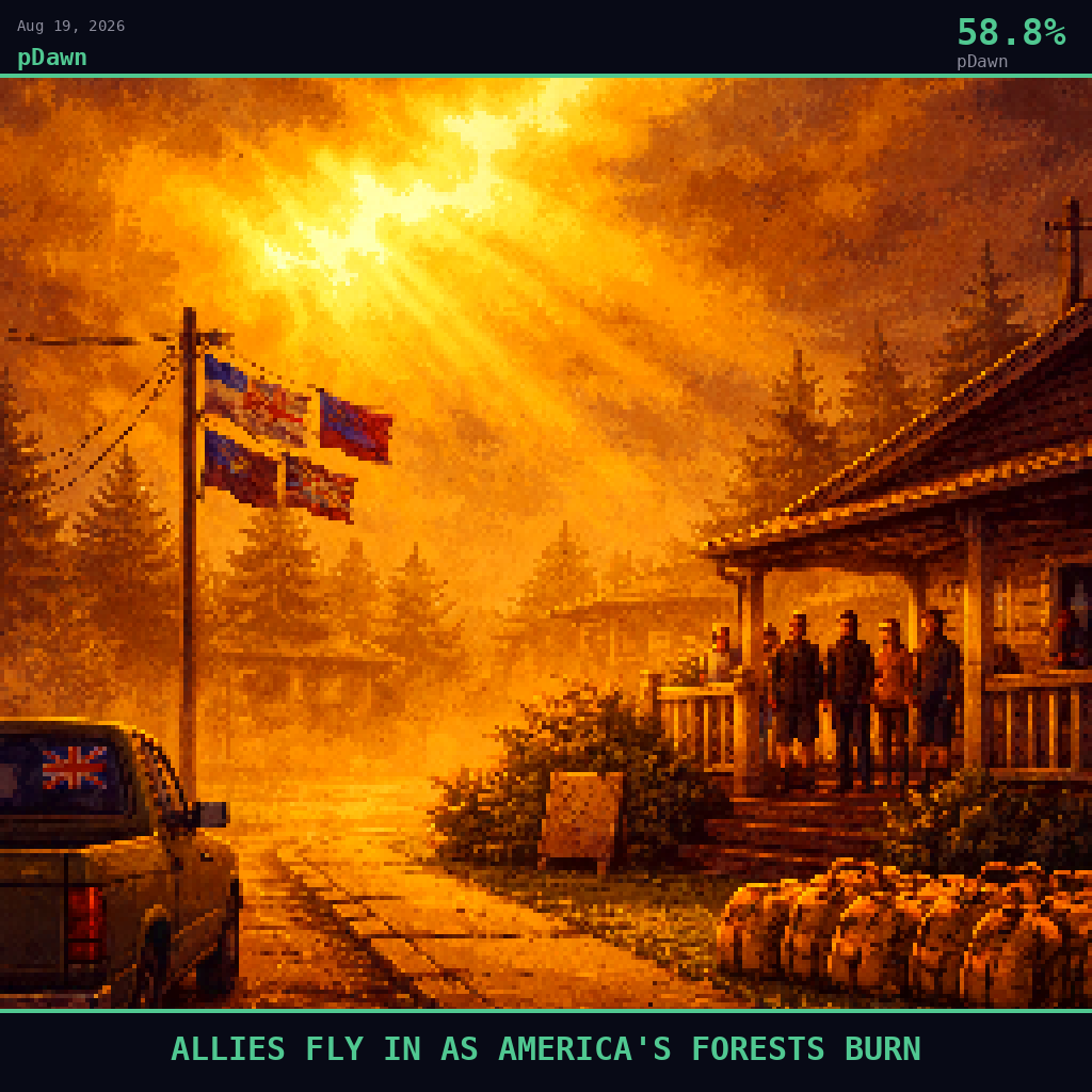 pDawn card for August 19, 2026: 58.8%, ALLIES FLY IN AS AMERICA'S FORESTS BURN. Pixel art: Weather-dominated exterior scene, thick wildfire smoke haze rolling in amber-gold curtains across a small American mountain town street at late afternoon, the atmosphere itself the dominant visual ele.