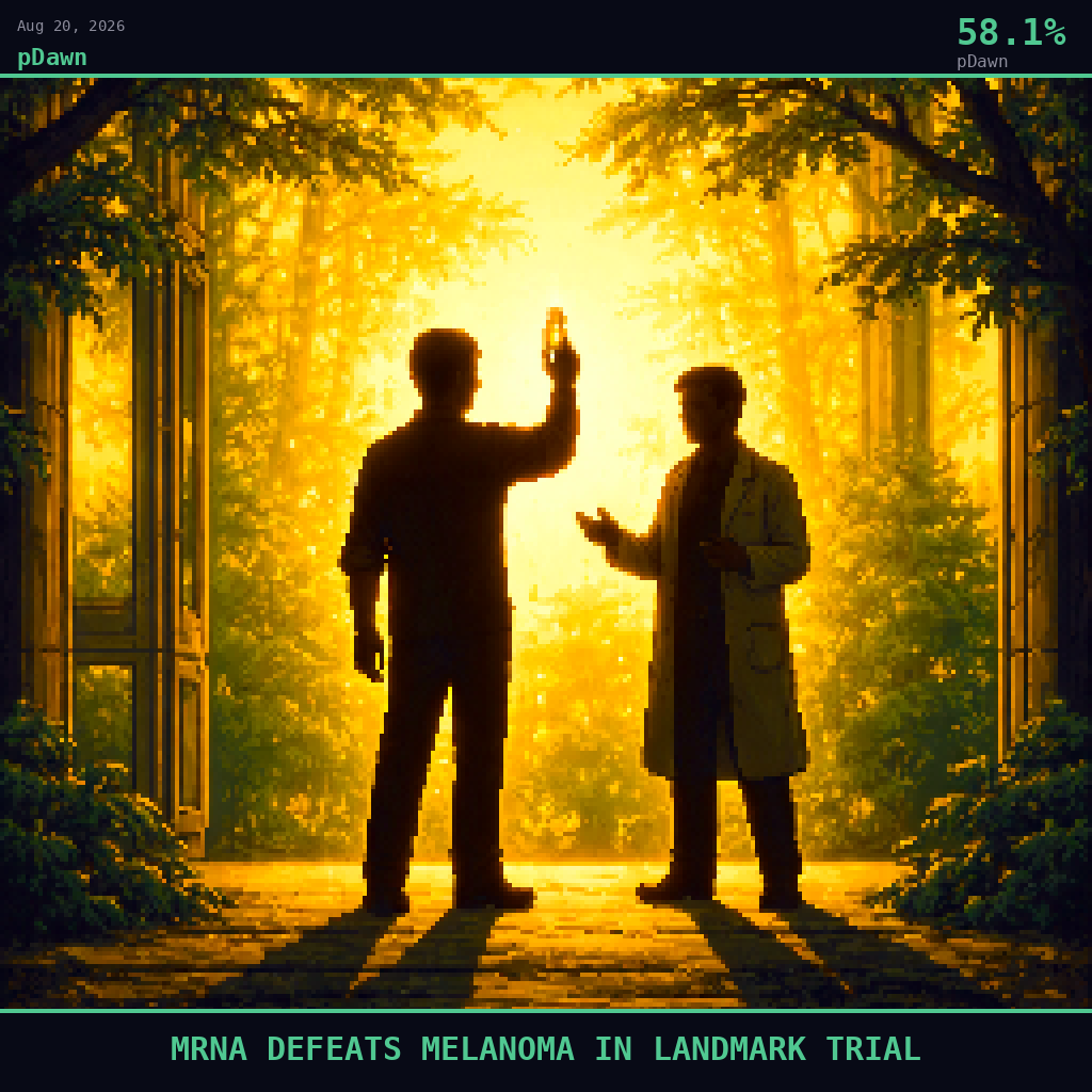 pDawn card for August 20, 2026: 58.1%, MRNA DEFEATS MELANOMA IN LANDMARK TRIAL. Pixel art: Silhouette composition, strong backlight, dramatic golden-emerald glow.
