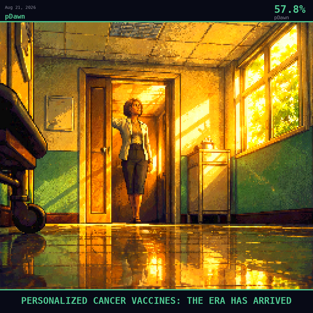 pDawn card for August 21, 2026: 57.8%, PERSONALIZED CANCER VACCINES: THE ERA HAS ARRIVED. Pixel art: Ground-level view looking straight up from below, camera pressed flat against the floor of a sunlit hospital corridor, gazing up at the underside of a scene unfolding above.