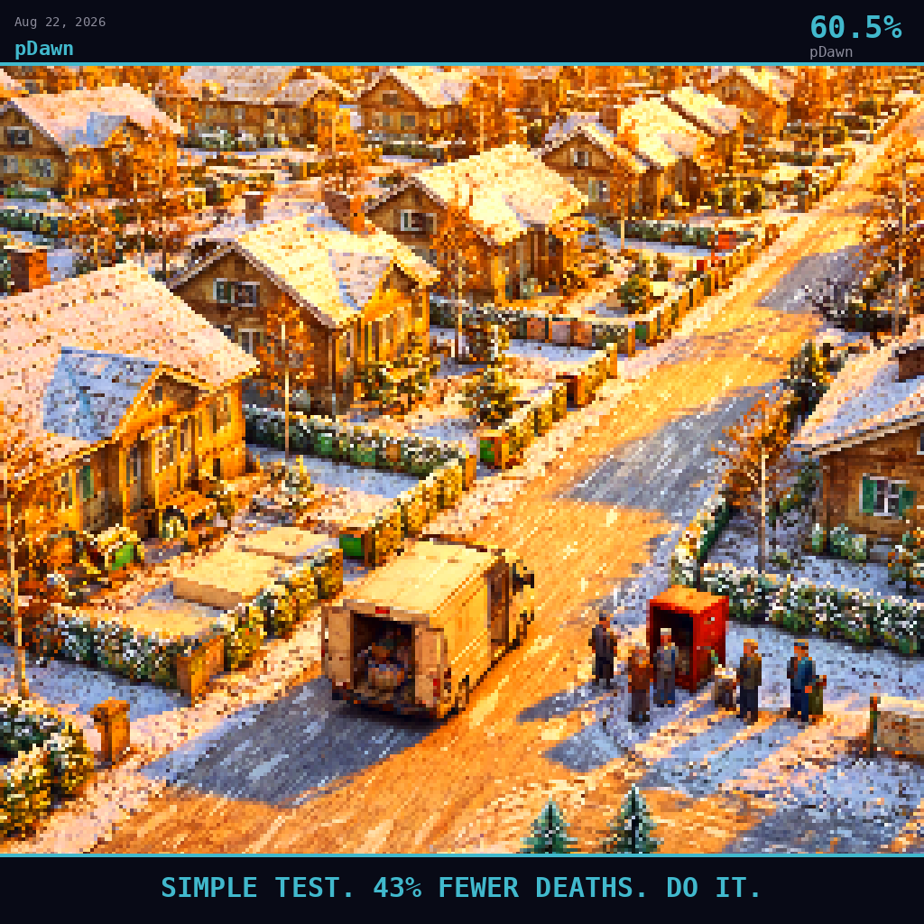 pDawn card for August 22, 2026: 60.5%, SIMPLE TEST. 43% FEWER DEATHS. DO IT.. Pixel art: Wide aerial view looking down at a 45-degree angle, vast Nordic residential neighborhood dominates the frame, golden-hour amber and warm teal light raking across snow-dusted rooftops and birch-lined s.
