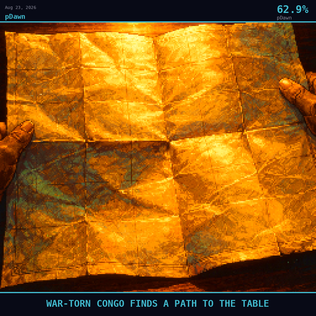 pDawn card for August 23, 2026: 62.9%, WAR-TORN CONGO FINDS A PATH TO THE TABLE. Pixel art: Extreme close-up filling the entire frame, a single weathered road map or folded paper document pressed flat, its creased surface catching deep golden hour amber light from the side, long shadows pool.