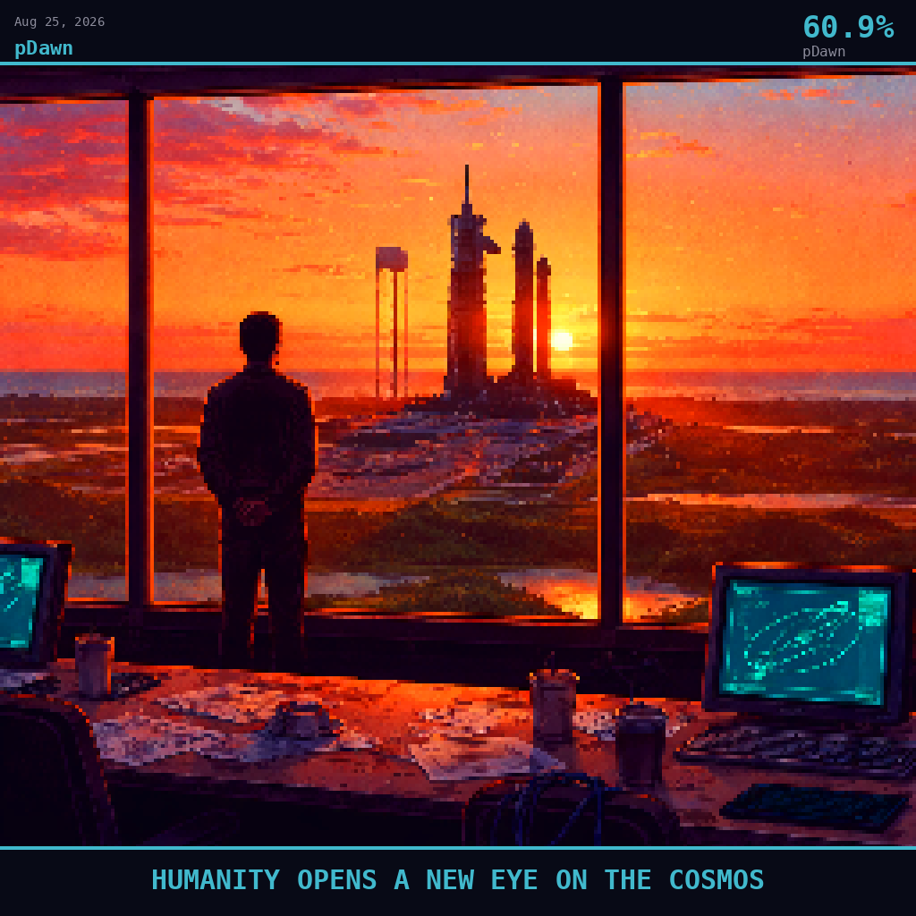pDawn card for August 25, 2026: 60.9%, HUMANITY OPENS A NEW EYE ON THE COSMOS. Pixel art: Interior scene, we are inside a darkened mission control observation room at dawn, looking outward through a wide floor-to-ceiling window toward Launch Complex 39A in the distance, the morning after t.