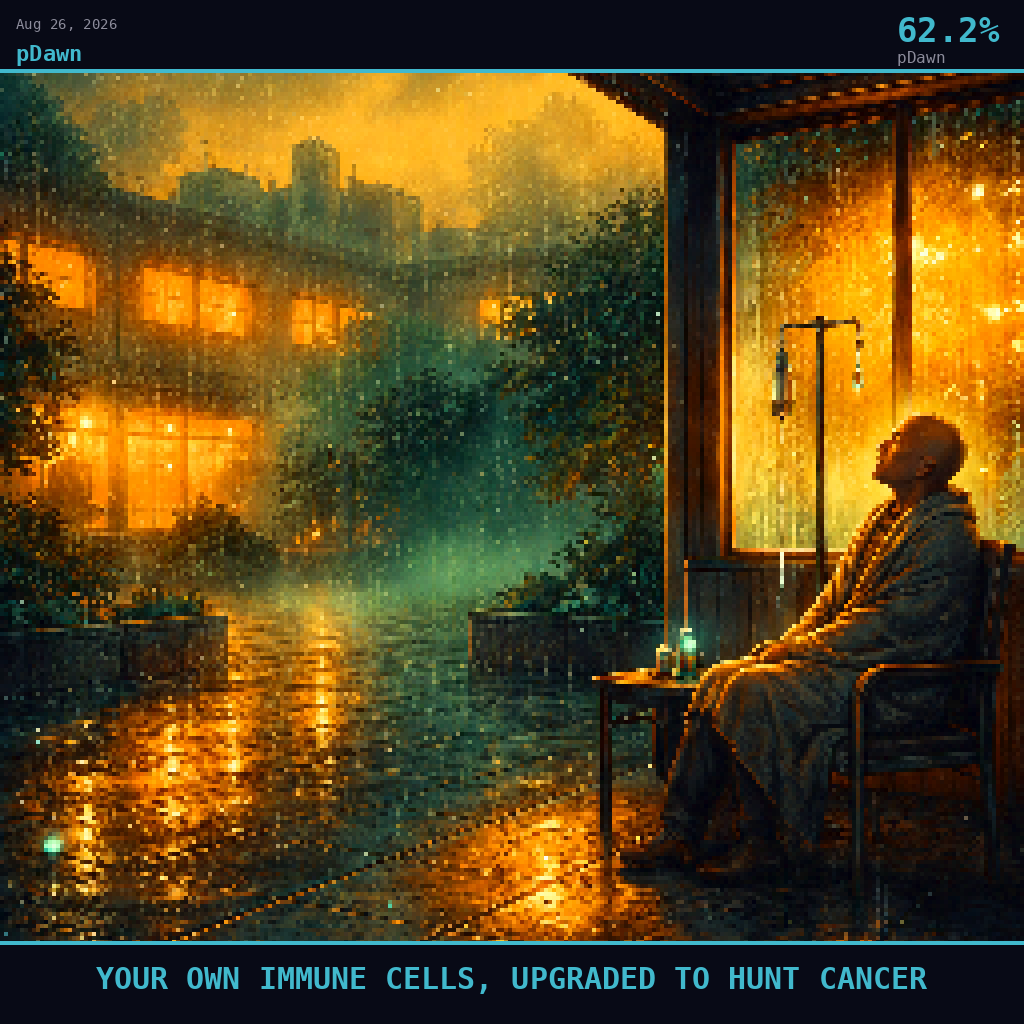 pDawn card for August 26, 2026: 62.2%, YOUR OWN IMMUNE CELLS, UPGRADED TO HUNT CANCER. Pixel art: Weather-dominated exterior scene, thick amber-teal fog rolling in luminous curtains through a quiet hospital oncology ward courtyard at dusk, atmospheric haze diffusing every light source into soft ha.