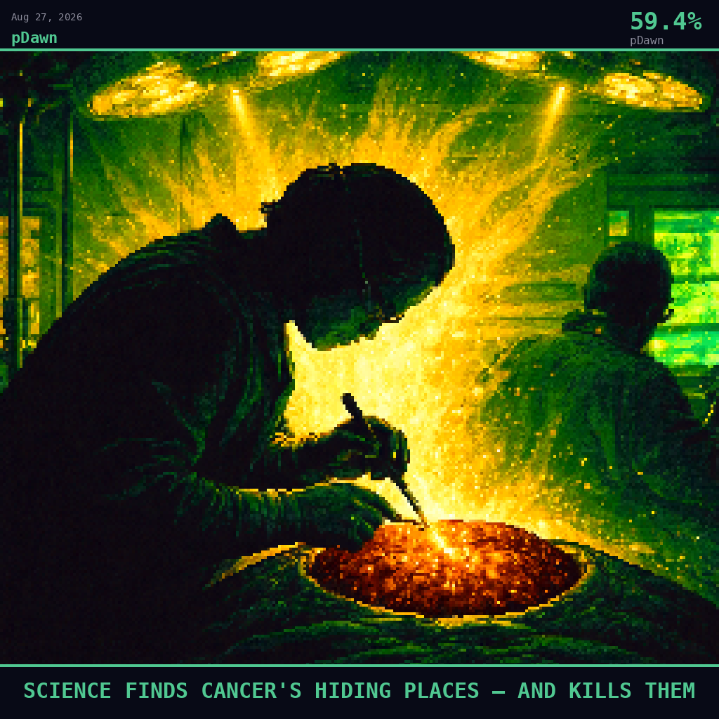 pDawn card for August 27, 2026: 59.4%, SCIENCE FINDS CANCER'S HIDING PLACES — AND KILLS THEM. Pixel art: Silhouette composition, strong backlight, dramatic gold and emerald glow.