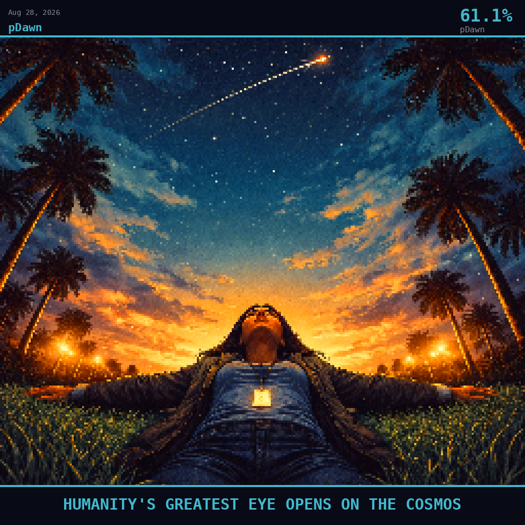 pDawn card for August 28, 2026: 61.1%, HUMANITY'S GREATEST EYE OPENS ON THE COSMOS. Pixel art: Ground-level view looking straight up from below, camera pressed flat against wet Florida grass, gazing up at the underside of a vast pre-dawn sky dominated by deep indigo bleeding into warm amber gol.