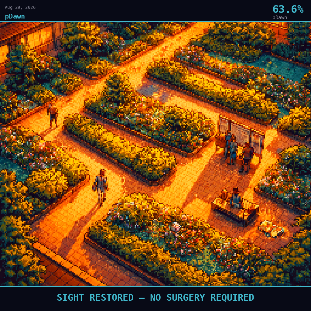 pDawn card for August 29, 2026: 63.6%, SIGHT RESTORED — NO SURGERY REQUIRED. Pixel art: Wide aerial view looking down at a 45-degree angle, vast scene dominates the frame, tiny figures below.