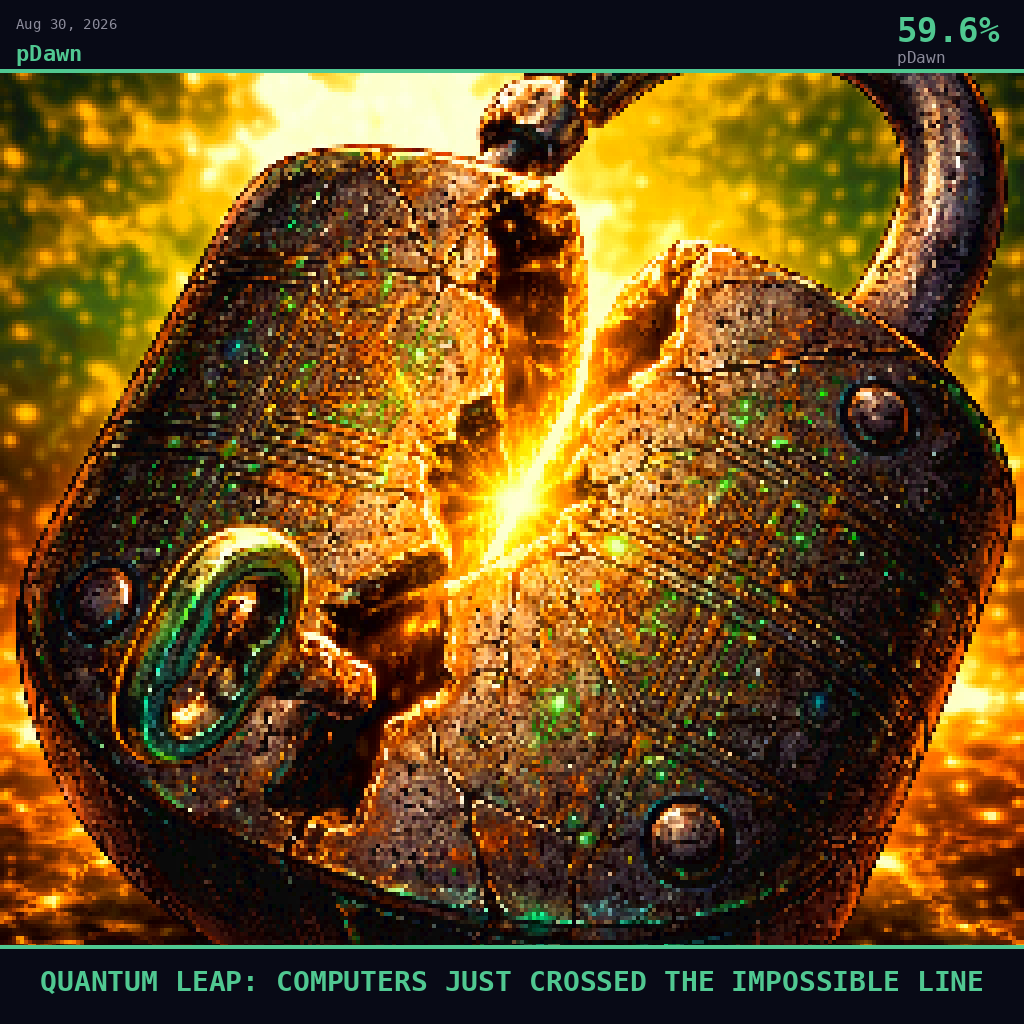 pDawn card for August 30, 2026: 59.6%, QUANTUM LEAP: COMPUTERS JUST CROSSED THE IMPOSSIBLE LINE. Pixel art: Extreme close-up filling the entire frame, a single massive iron padlock dominates the composition, its shackle hanging open and sprung free, the body of the lock cracked clean down the middle along a.