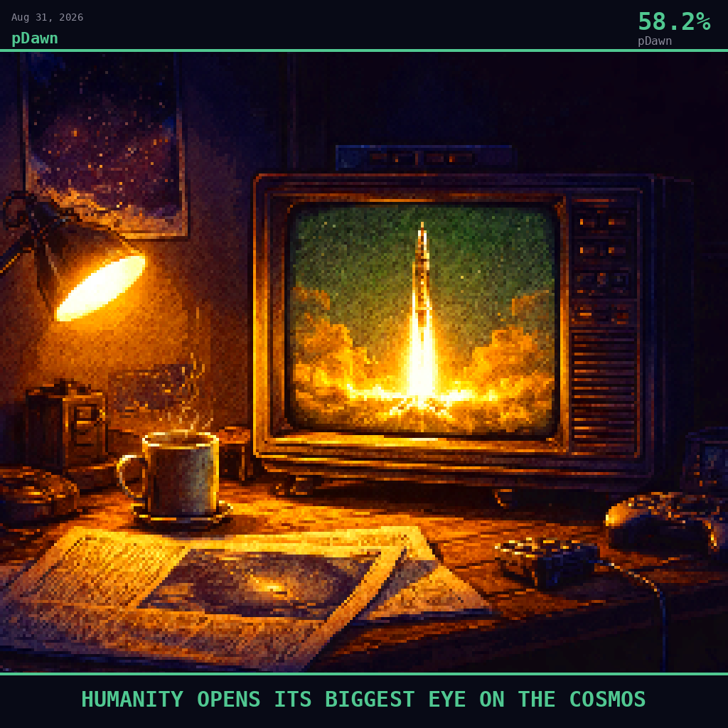 pDawn card for August 31, 2026: 58.2%, HUMANITY OPENS ITS BIGGEST EYE ON THE COSMOS. Pixel art: Night scene, all light from artificial sources, deep shadows dominating.