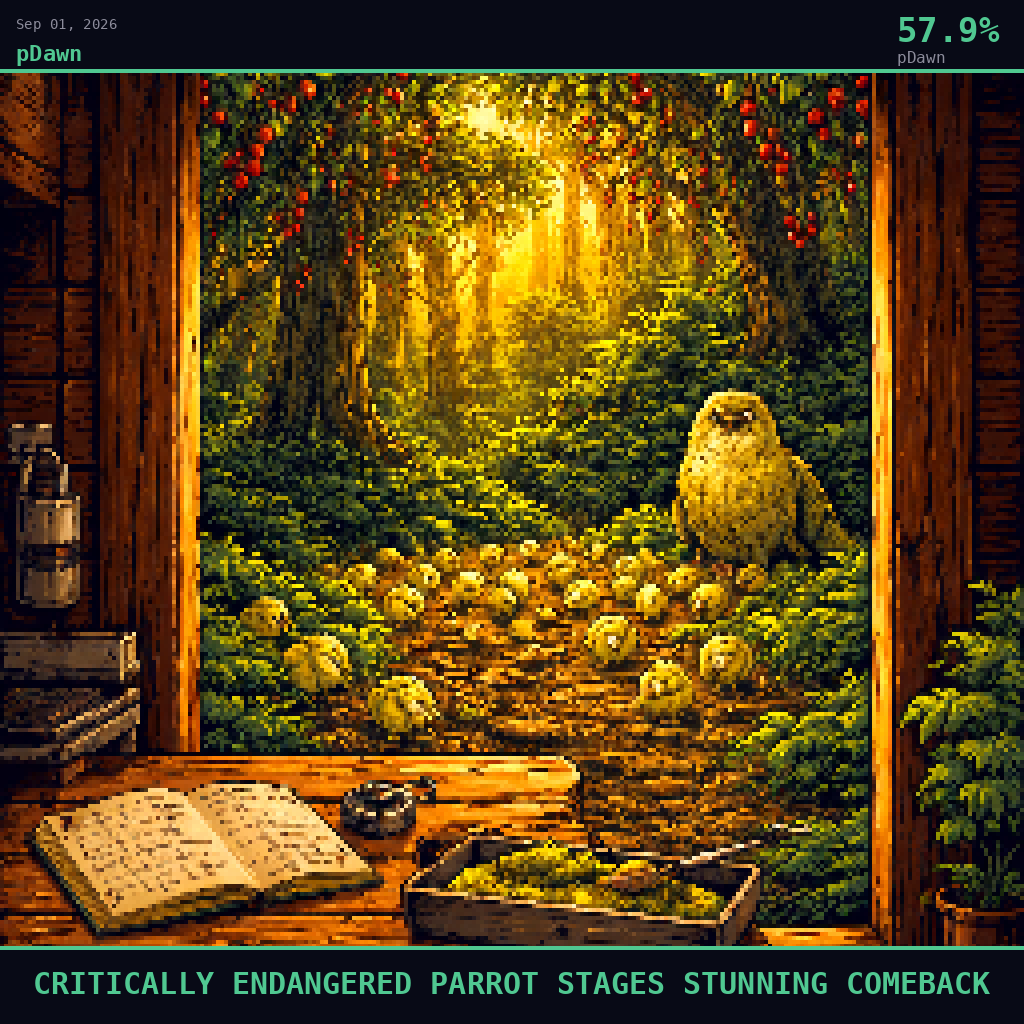 pDawn card for September 1, 2026: 57.9%, CRITICALLY ENDANGERED PARROT STAGES STUNNING COMEBACK. Pixel art: Interior scene, we are inside a weathered wooden conservation field hut on a predator-free New Zealand island, looking outward through an open doorway into ancient podocarp forest at dawn, the morning.