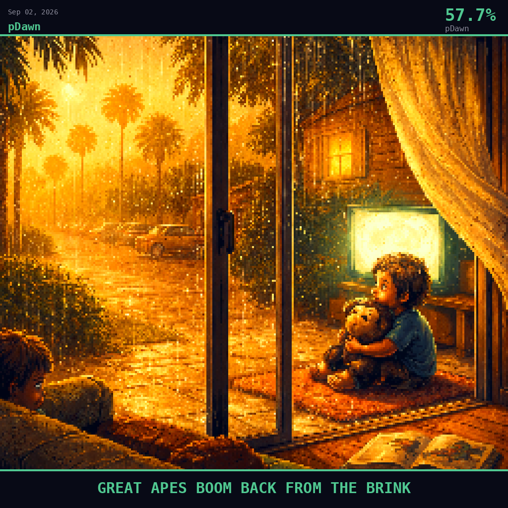 pDawn card for September 2, 2026: 57.7%, GREAT APES BOOM BACK FROM THE BRINK. Pixel art: Weather-dominated exterior scene, warm golden fog and fine rain drifting in luminous amber-emerald curtains through a residential neighborhood on the edge of Los Angeles, late afternoon light diffused.