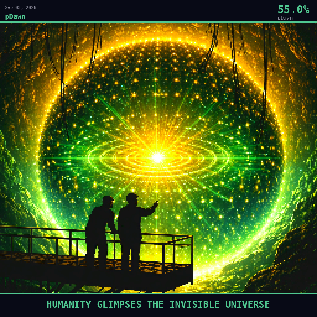 pDawn card for September 3, 2026: 55.0%, HUMANITY GLIMPSES THE INVISIBLE UNIVERSE. Pixel art: Silhouette composition, strong backlight, dramatic gold and emerald glow.