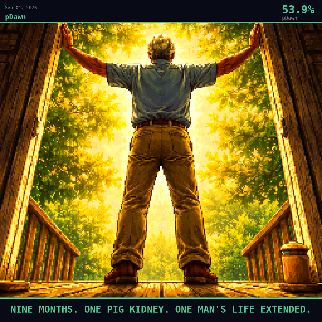 pDawn card for September 4, 2026: 53.9%, NINE MONTHS. ONE PIG KIDNEY. ONE MAN'S LIFE EXTENDED.. Pixel art: Ground-level view looking straight up from below, camera pressed flat against a weathered wooden porch floor, gazing up at the underside of a man's feet and legs as he stands tall in an open doorway a.