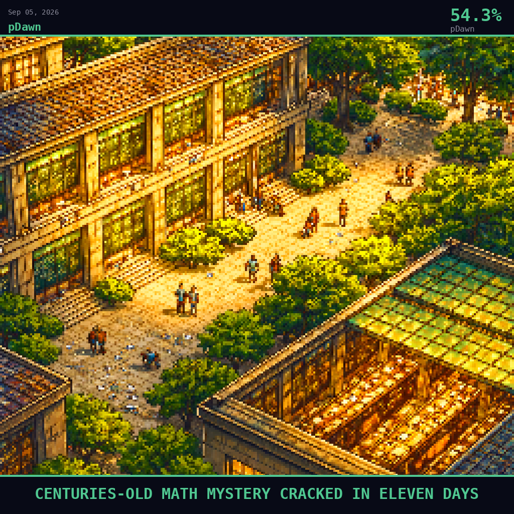 pDawn card for September 5, 2026: 54.3%, CENTURIES-OLD MATH MYSTERY CRACKED IN ELEVEN DAYS. Pixel art: Wide aerial view looking down at a 45-degree angle, vast mathematics department corridor and surrounding campus grounds dominate the frame, tiny figures below.