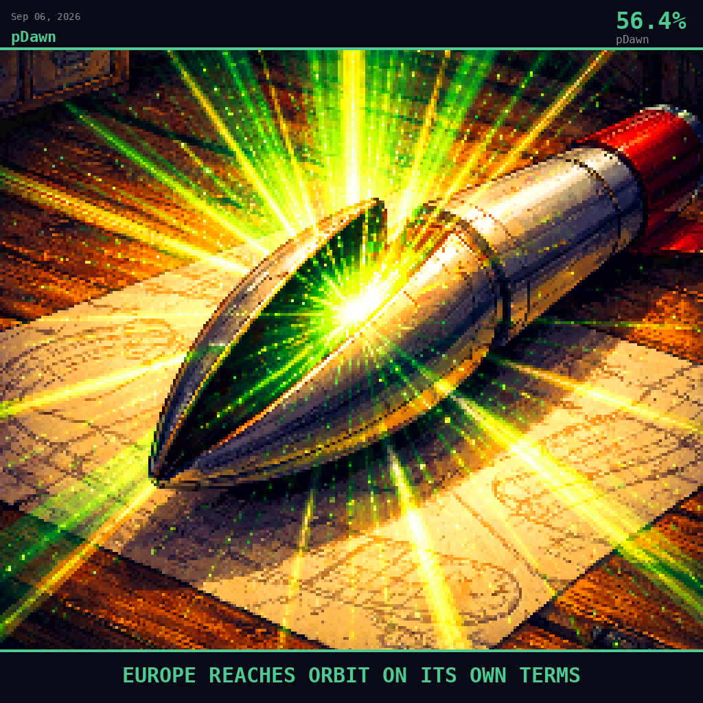 pDawn card for September 6, 2026: 56.4%, EUROPE REACHES ORBIT ON ITS OWN TERMS. Pixel art: Extreme close-up filling the entire frame, a single model rocket rests flat on a weathered wooden workbench, dominating the composition entirely, its nose cone splitting open at the seam like a seed p.