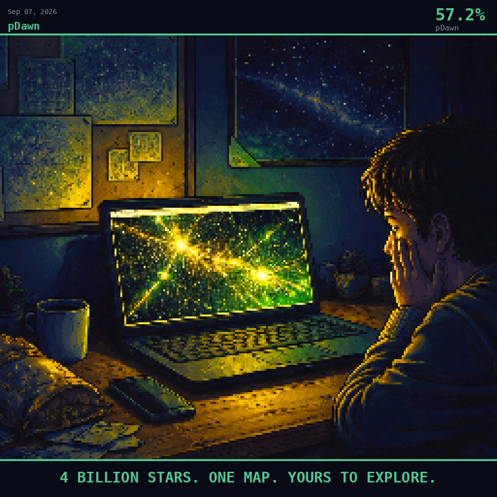 pDawn card for September 7, 2026: 57.2%, 4 BILLION STARS. ONE MAP. YOURS TO EXPLORE.. Pixel art: Night scene, all light from artificial sources, deep shadows dominating.