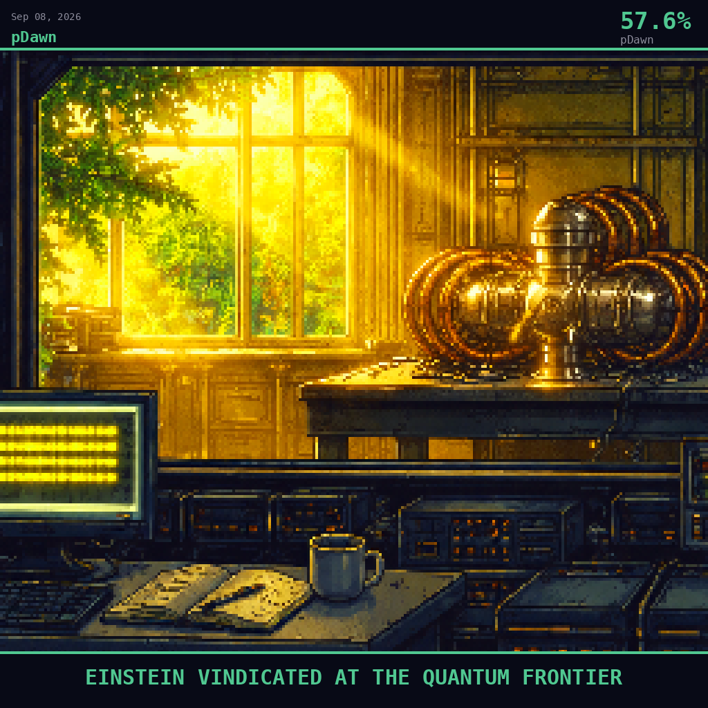 pDawn card for September 8, 2026: 57.6%, EINSTEIN VINDICATED AT THE QUANTUM FRONTIER. Pixel art: Interior scene, we are inside a darkened university physics laboratory looking outward through a wide observation window into an adjacent experimental room bathed in rich gold and vibrant emerald morn.