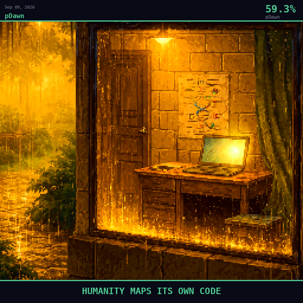pDawn card for September 9, 2026: 59.3%, HUMANITY MAPS ITS OWN CODE. Pixel art: Weather-dominated exterior scene, thick golden fog and warm amber rain drifting in luminous curtains through a modest village medical clinic courtyard in a developing region, the atmosphere itself glo.