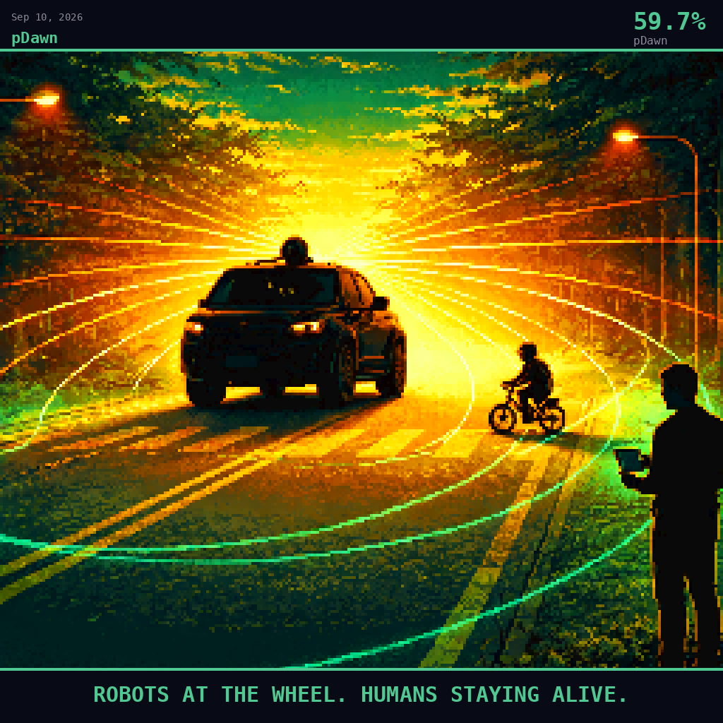 pDawn card for September 10, 2026: 59.7%, ROBOTS AT THE WHEEL. HUMANS STAYING ALIVE.. Pixel art: Silhouette composition, strong backlight, dramatic gold and emerald glow.