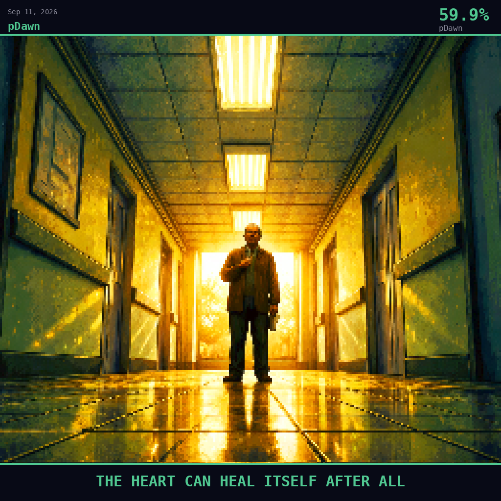 pDawn card for September 11, 2026: 59.9%, THE HEART CAN HEAL ITSELF AFTER ALL. Pixel art: Ground-level view looking straight up from below, camera pressed flat against a hospital corridor floor, gazing up at the underside of a long fluorescent-lit hallway ceiling stretching into deep persp.