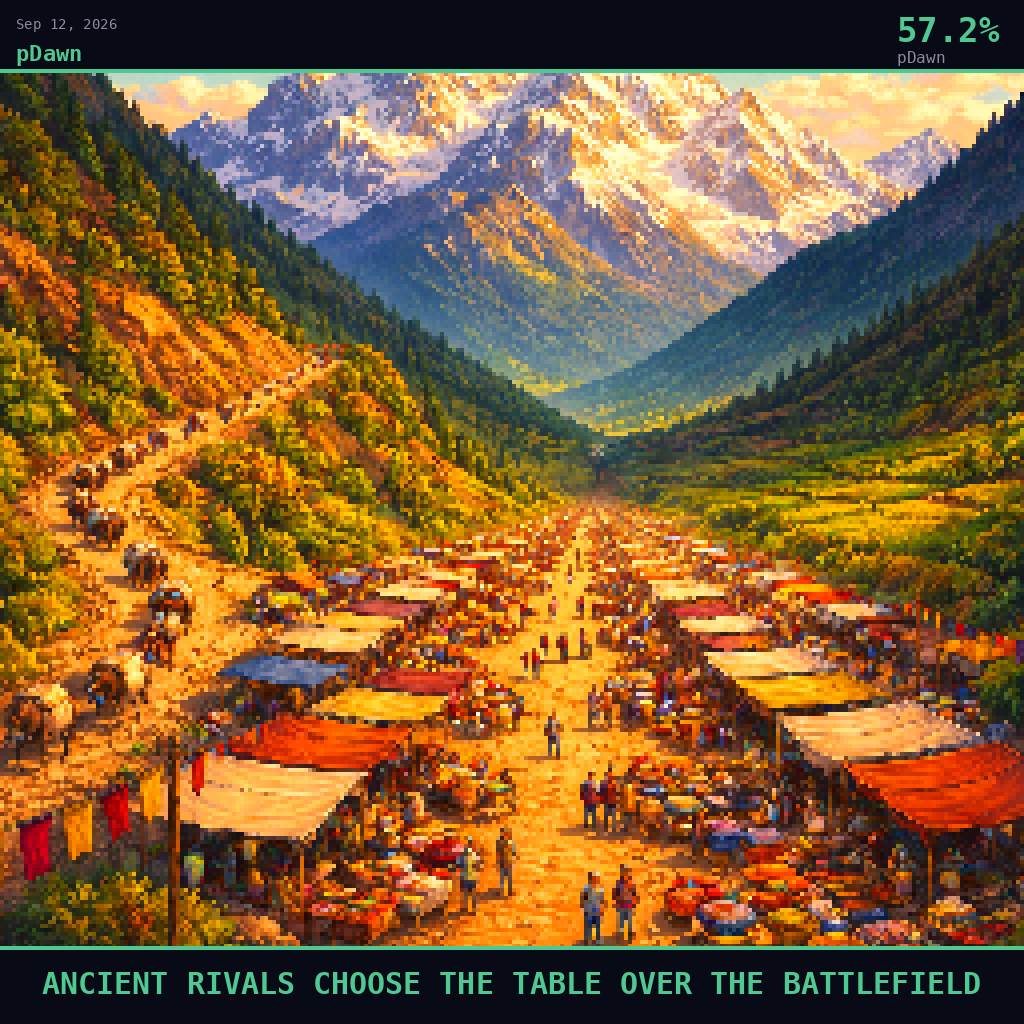 pDawn card for September 12, 2026: 57.2%, ANCIENT RIVALS CHOOSE THE TABLE OVER THE BATTLEFIELD. Pixel art: Wide aerial view looking down at a 45-degree angle, vast sun-drenched landscape dominates, tiny figures far below.