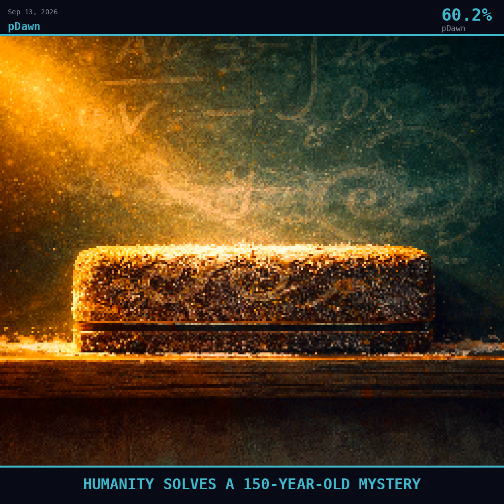 pDawn card for September 13, 2026: 60.2%, HUMANITY SOLVES A 150-YEAR-OLD MYSTERY. Pixel art: Extreme close-up filling the entire frame, a single weathered blackboard eraser rests on the narrow chalk ledge of a massive blackboard, viewed head-on at eye level, the eraser's worn felt face center.