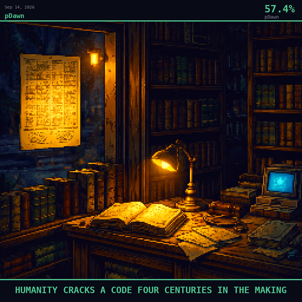 pDawn card for September 14, 2026: 57.4%, HUMANITY CRACKS A CODE FOUR CENTURIES IN THE MAKING. Pixel art: Night scene, all light from artificial sources, deep shadows dominating.