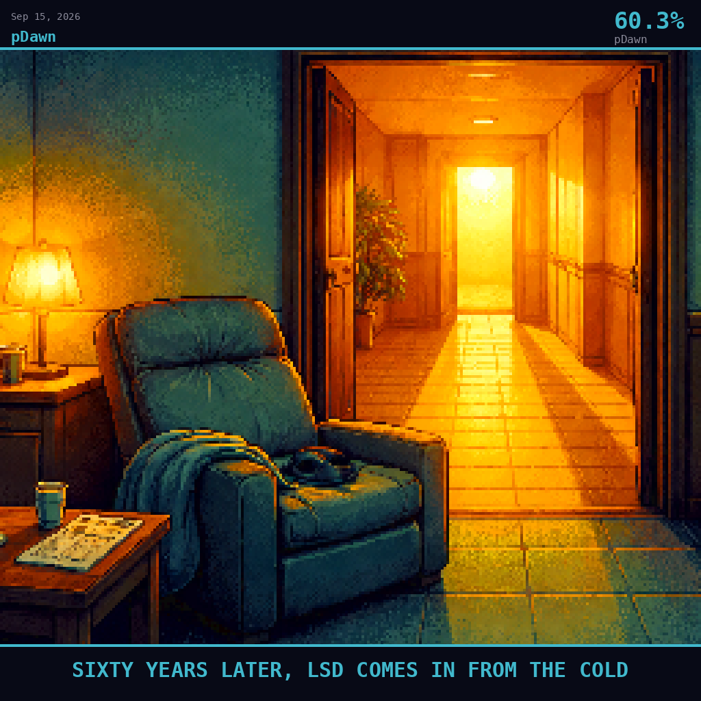 pDawn card for September 15, 2026: 60.3%, SIXTY YEARS LATER, LSD COMES IN FROM THE COLD. Pixel art: Interior scene, we are inside a quiet clinical dosing room the morning after, looking outward through a wide doorway into a sunlit corridor beyond, deep golden amber light pouring in from the hallway .