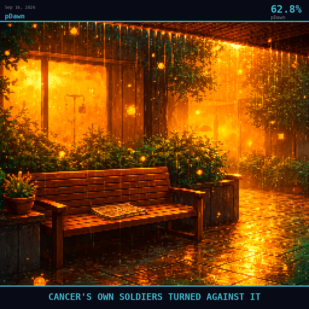 pDawn card for September 16, 2026: 62.8%, CANCER'S OWN SOLDIERS TURNED AGAINST IT. Pixel art: Weather-dominated exterior scene, thick amber fog and warm golden rain drifting in luminous curtains through a quiet hospital oncology ward courtyard at dusk, the atmosphere itself glowing with deep t.
